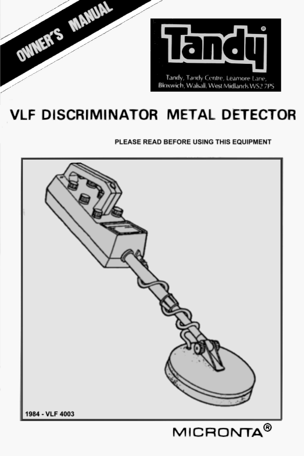 Tandy 4003 VLF Metal Detector Owner's Manual 1984