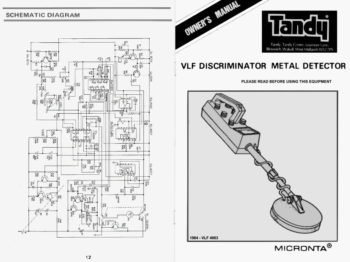 Tandy 4003 VLF Metal Detector Owner's Manual 1984 Page 1 and 12
