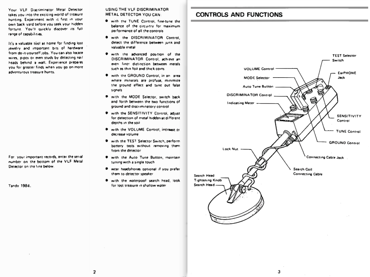 Tandy 4003 VLF Metal Detector Owner's Manual 1984 Page 2 and 3