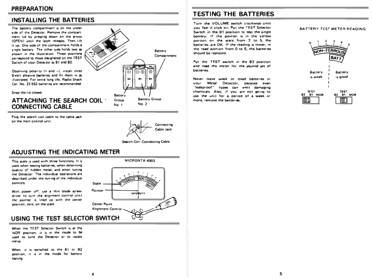 Tandy 4003 VLF Metal Detector Owner's Manual 1984 Page 4 and 5