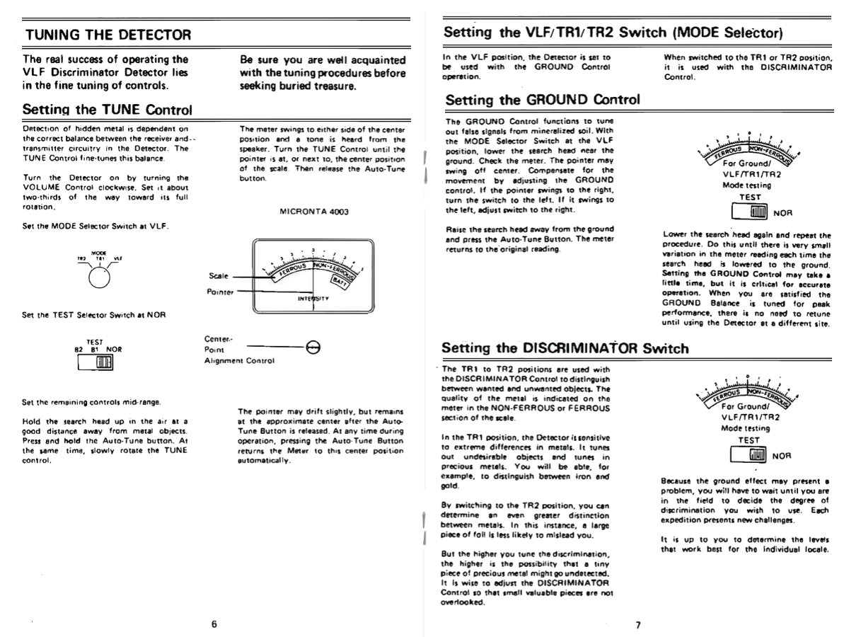 Tandy 4003 VLF Metal Detector Owner's Manual 1984 Page 6 and 7