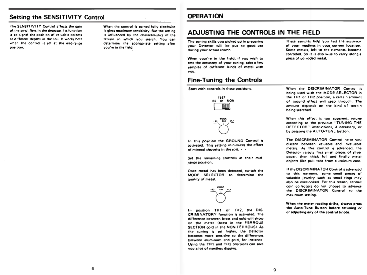 Tandy 4003 VLF Metal Detector Owner's Manual 1984  Page 8 and 9