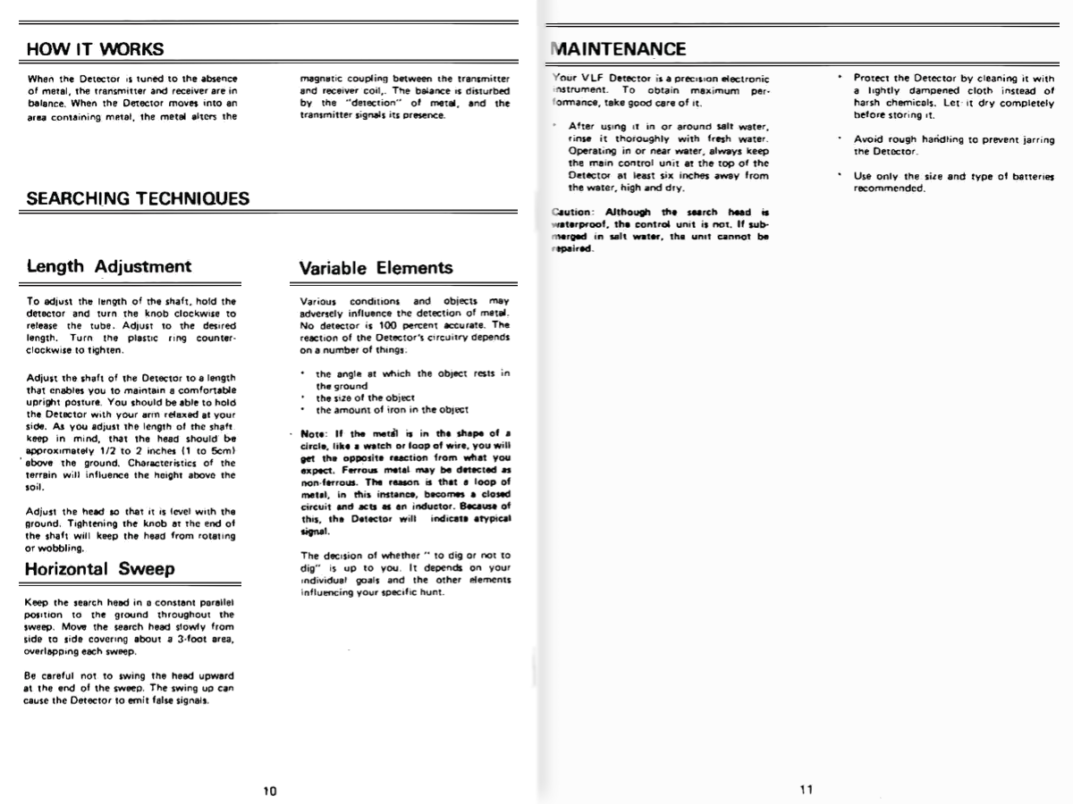 Tandy 4003 VLF Metal Detector Owner's Manual 1984 Page 10 and 11